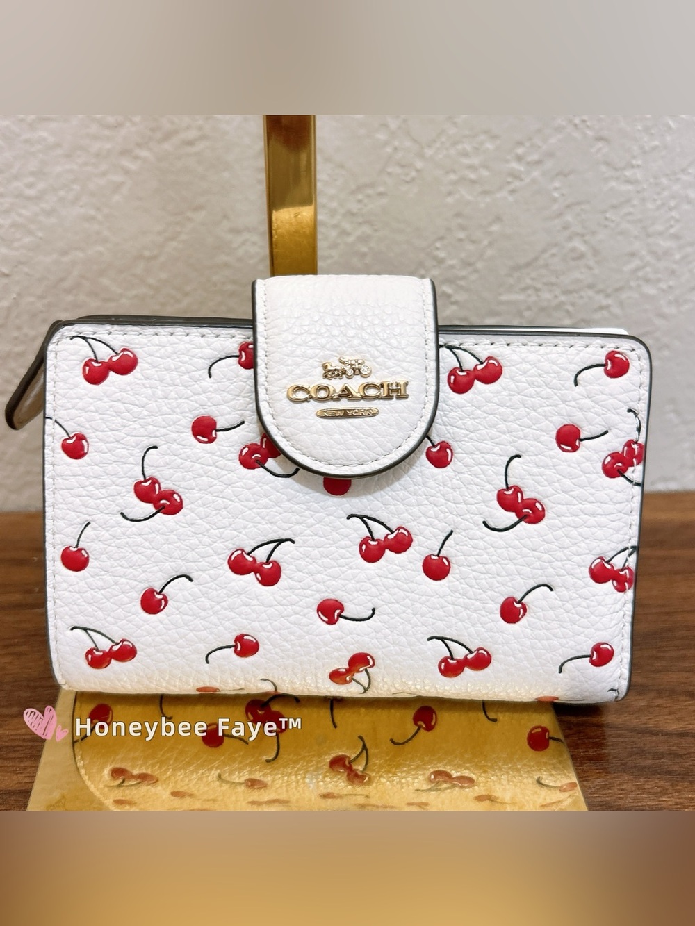 Coach medium corner zip wallet White Cherry Print Leather Wallet with Gold Logo